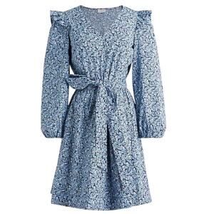 J. Crew Blue Floral Cotton Long Sleeve Mini Dress Size XL